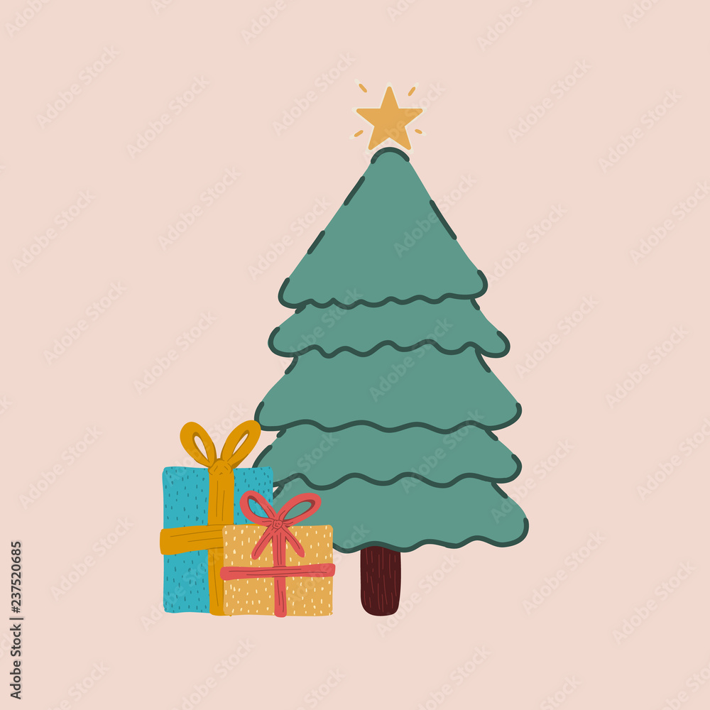 Vector of a Christmas tree decorated with some gifts on the floor.