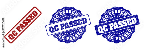 QC PASSED grunge stamp seals in red and blue colors. Vector QC PASSED imprints with grunge effect. Graphic elements are rounded rectangles, rosettes, circles and text titles.