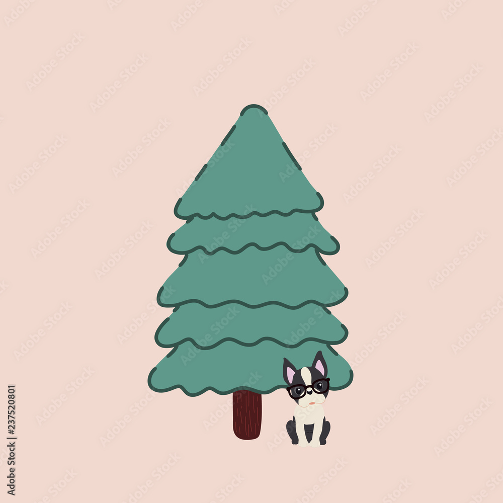 Naklejka premium Vector of a decorated Christmas tree and with a Boston Terrier breed dog next to it.