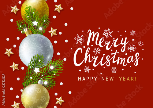 Christmas greeting card with holiday decor on red
