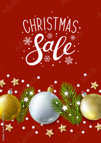 Christmas greeting card with holiday decor on red background