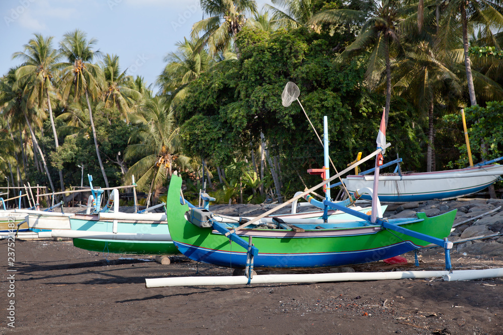 Fishing boats on the shore.Coast of Bali.