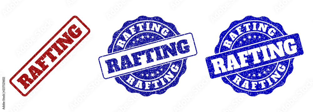 RAFTING grunge stamp seals in red and blue colors. Vector RAFTING overlays with grunge surface. Graphic elements are rounded rectangles, rosettes, circles and text labels. RAFTING grunge stamp seals in red and blue colors. Vector RAFTING overlays with grunge surface. Graphic elements are rounded rectangles, rosettes, circles and text labels.