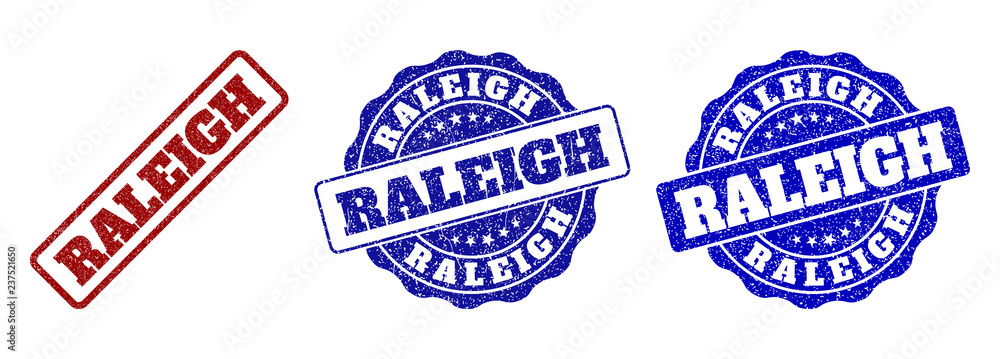 RALEIGH scratched stamp seals in red and blue colors. Vector RALEIGH signs with distress style. Graphic elements are rounded rectangles, rosettes, circles and text tags. RALEIGH scratched stamp seals in red and blue colors. Vector RALEIGH signs with distress style. Graphic elements are rounded rectangles, rosettes, circles and text tags.