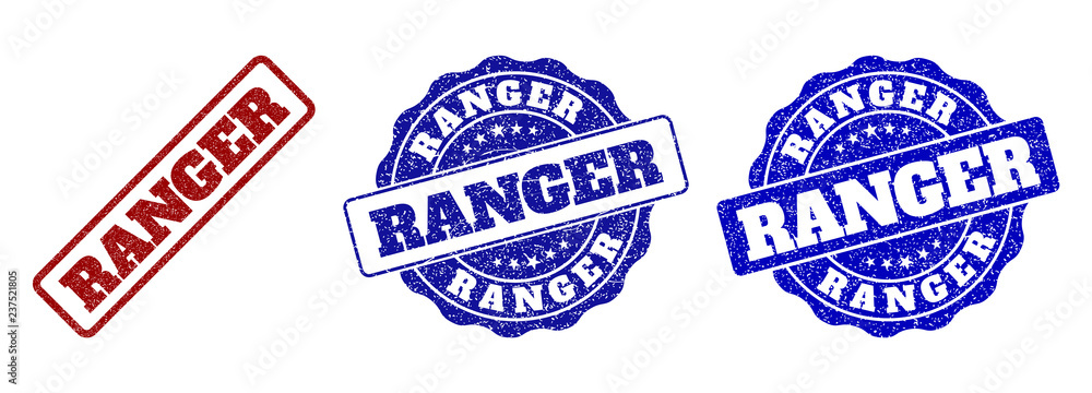 RANGER grunge stamp seals in red and blue colors. Vector RANGER overlays with grunge effect. Graphic elements are rounded rectangles, rosettes, circles and text titles. RANGER grunge stamp seals in red and blue colors. Vector RANGER overlays with grunge effect. Graphic elements are rounded rectangles, rosettes, circles and text titles.