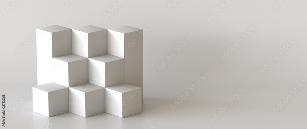 White cube boxes with white blank wall background for display. 3D rendering. White cube boxes with white blank wall background for display. 3D rendering.