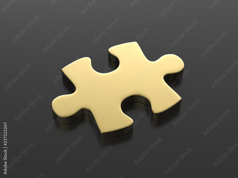 Fototapeta premium Golden puzzle piece on isolated black background, 3d illustration