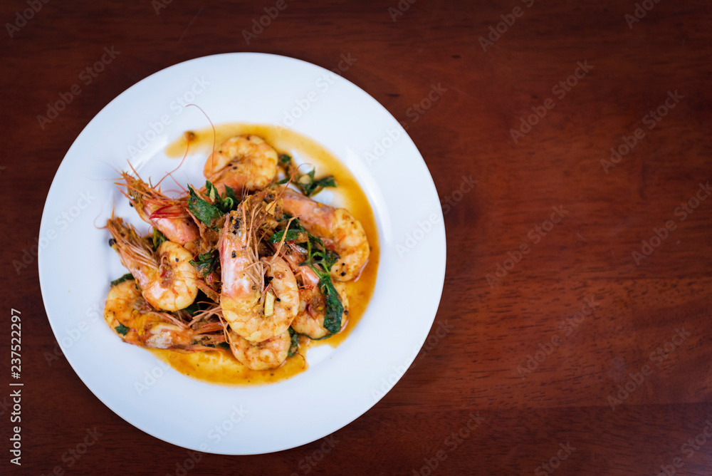 Stir fried red curry with shrimp, Thai food