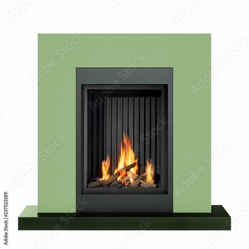Green burning fireplace isolated on white background