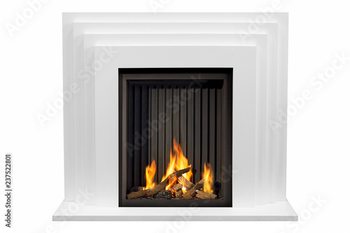 Beige marble fireplace with white background isolated