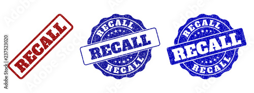 RECALL grunge stamp seals in red and blue colors. Vector RECALL labels with distress style. Graphic elements are rounded rectangles, rosettes, circles and text labels.
