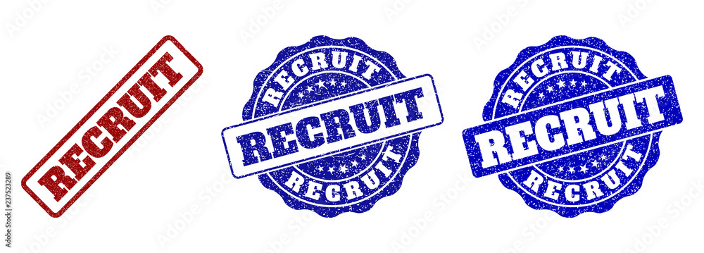 RECRUIT grunge stamp seals in red and blue colors. Vector RECRUIT overlays with grunge effect. Graphic elements are rounded rectangles, rosettes, circles and text titles. RECRUIT grunge stamp seals in red and blue colors. Vector RECRUIT overlays with grunge effect. Graphic elements are rounded rectangles, rosettes, circles and text titles.
