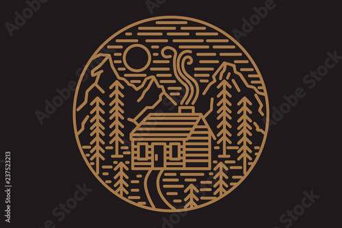 Wooden cabin in the woods, hills and mountains. Linear illustration