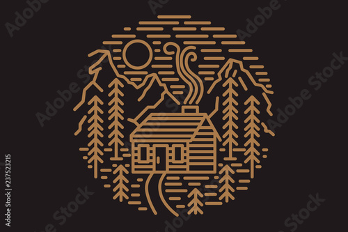 Wooden cabin in the woods, hills and mountains. Linear illustration