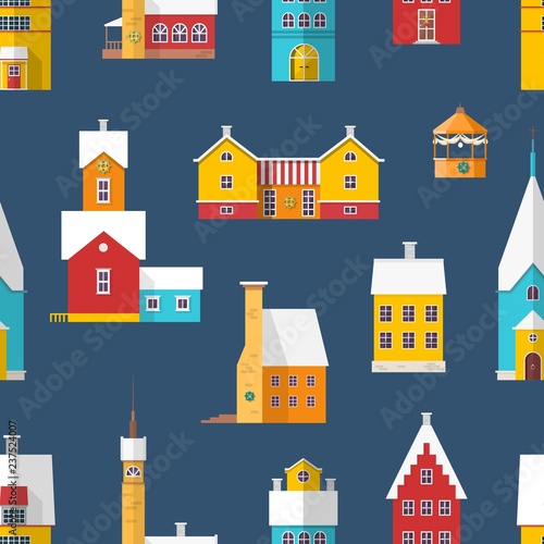 Seamless pattern with residential buildings and chapels decorated for Christm...