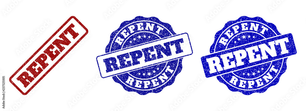 REPENT grunge stamp seals in red and blue colors. Vector REPENT labels with distress texture. Graphic elements are rounded rectangles, rosettes, circles and text labels. REPENT grunge stamp seals in red and blue colors. Vector REPENT labels with distress texture. Graphic elements are rounded rectangles, rosettes, circles and text labels.