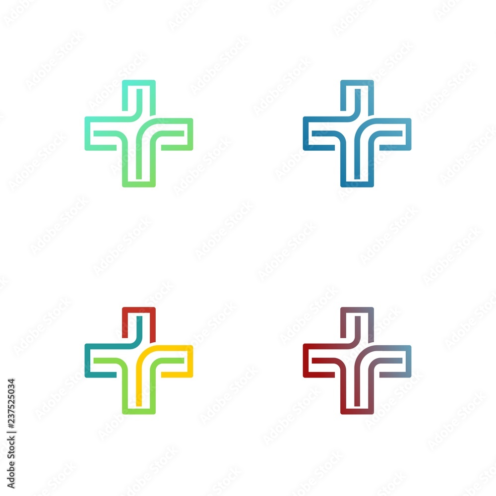 Fototapeta premium Set of color medical logotype with cross. Collection of modern abstract symbols with plus sign. Cross plus medical logo design template