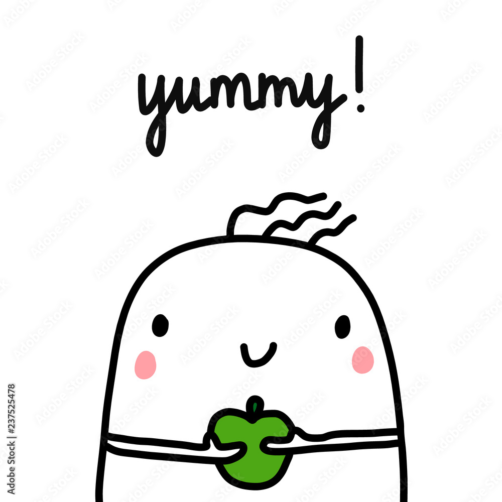 Yummy hand drawn illustration with cute marshmallow with green apple for prints posters t shirts banners articles and food projects