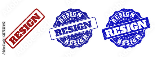 RESIGN grunge stamp seals in red and blue colors. Vector RESIGN marks with grunge effect. Graphic elements are rounded rectangles, rosettes, circles and text tags.