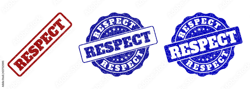 Obraz premium RESPECT scratched stamp seals in red and blue colors. Vector RESPECT imprints with scratced texture. Graphic elements are rounded rectangles, rosettes, circles and text titles.