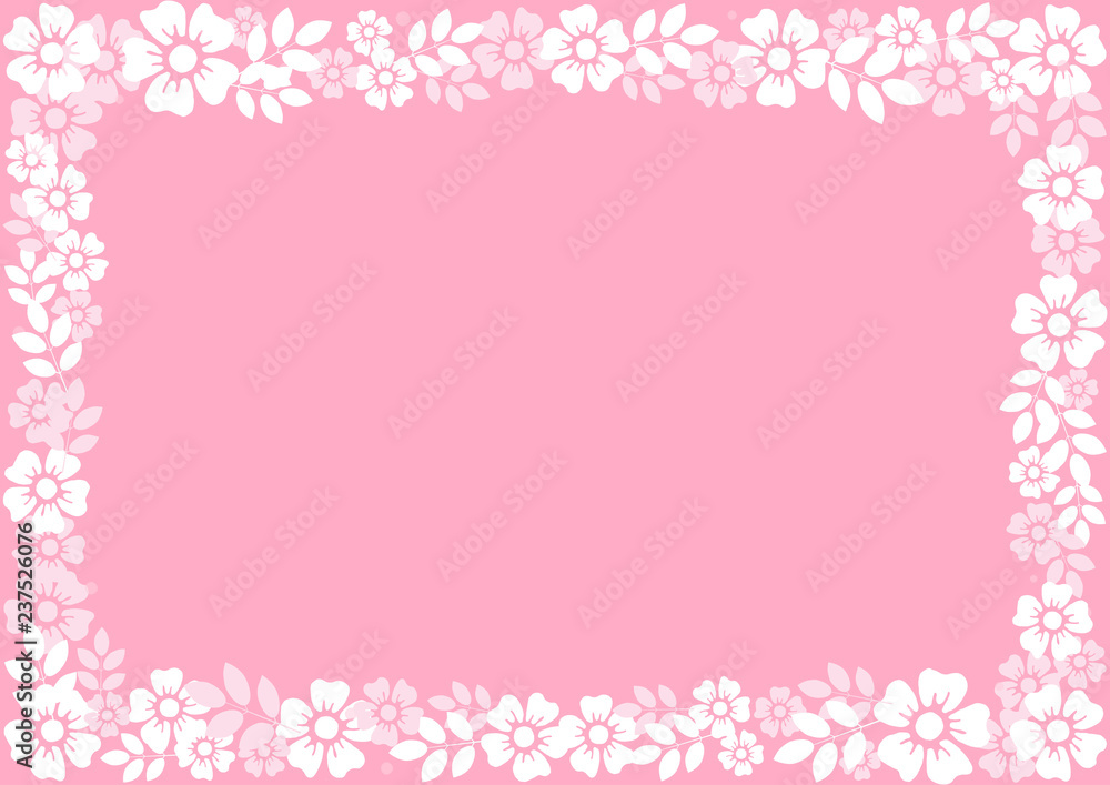 Pink background with decorative frame of white flowers and leaves for decoration, invitation or wedding, poster, valentines day, valentine, lettering or text, advertising, flower shop