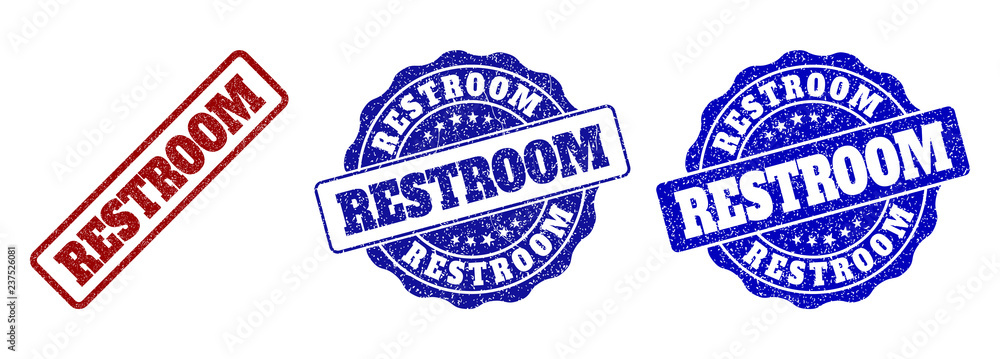 RESTROOM grunge stamp seals in red and blue colors. Vector RESTROOM labels with dirty texture. Graphic elements are rounded rectangles, rosettes, circles and text labels.
