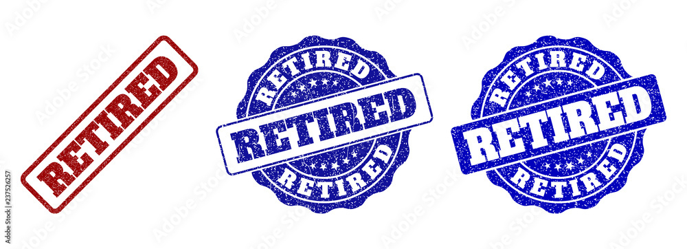 RETIRED grunge stamp seals in red and blue colors. Vector RETIRED imprints with grunge texture. Graphic elements are rounded rectangles, rosettes, circles and text labels. RETIRED grunge stamp seals in red and blue colors. Vector RETIRED imprints with grunge texture. Graphic elements are rounded rectangles, rosettes, circles and text labels.