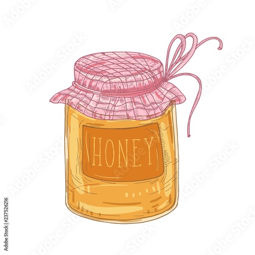 Elegant drawing of glass jar of delicious organic honey isolated on white background