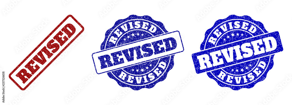 REVISED scratched stamp seals in red and blue colors. Vector REVISED signs with grunge style. Graphic elements are rounded rectangles, rosettes, circles and text titles. REVISED scratched stamp seals in red and blue colors. Vector REVISED signs with grunge style. Graphic elements are rounded rectangles, rosettes, circles and text titles.