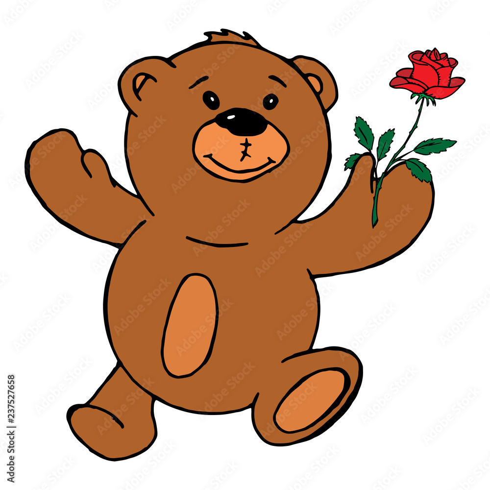 Teddy bear holding a rose. Vector illustration of a teddy bear with a red  rose. Hand drawn teddy bear holding a red rose greeting card. Stock Vector  | Adobe Stock