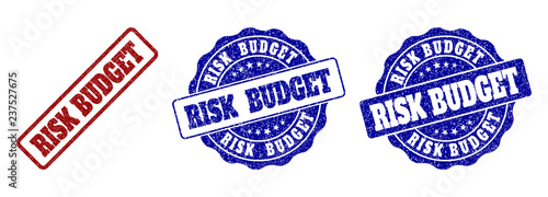 RISK BUDGET scratched stamp seals in red and blue colors. Vector RISK BUDGET labels with dirty style. Graphic elements are rounded rectangles, rosettes, circles and text labels.