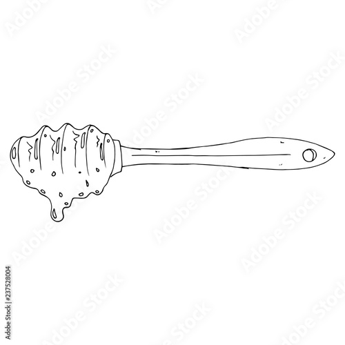 Wooden spoon for honey. Vector illustration of a spoon with honey. Hand drawn spoon for honey.