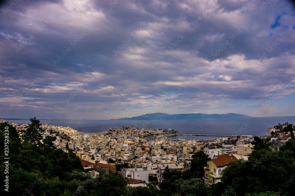 Kavala town panorama with cloudy sky