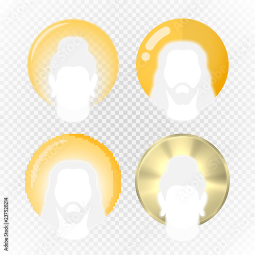 Halo or aura in various modern illustration styles, eastern tradition nimbus vector, aureole or gloriole a religious symbol of sanity and sacredness with Jesus and Buddha silhouettes