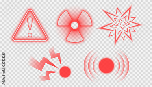 Pain symptom icons set, acute pain circle, inflammation, problem spot or aching place sign, throat pain, head or tooth ache, flu or tonsilitis localization mark, painkiller design element
