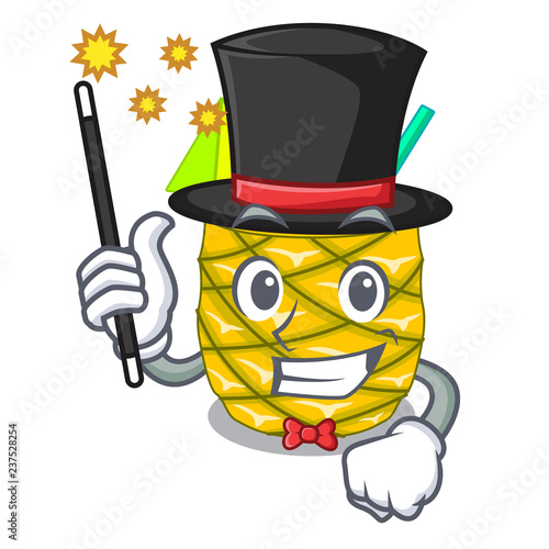 Magician bottles pineapple juice on cartoon table