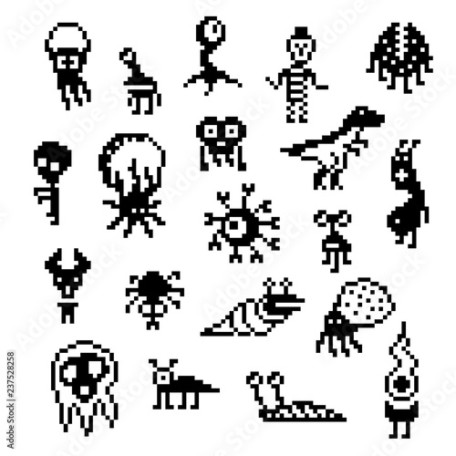 Pixel monsters vector icon set, various 8-bit creatures isolated on white, retro game villain character illustration, cute pixel art beasts, fantastic animals, aliens and magical leaving beings