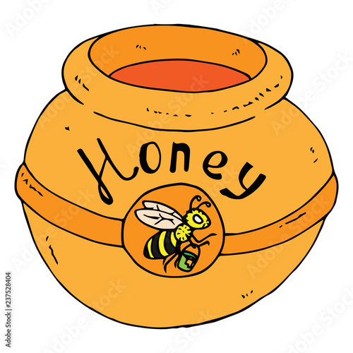 Pot of honey. Vector illustration of a clay pot for honey. Hand drawn ceramic pot for honey with the inscription "honey."