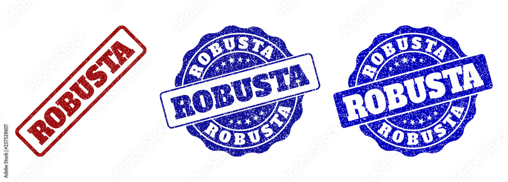 ROBUSTA grunge stamp seals in red and blue colors. Vector ROBUSTA signs with grunge texture. Graphic elements are rounded rectangles, rosettes, circles and text tags. ROBUSTA grunge stamp seals in red and blue colors. Vector ROBUSTA signs with grunge texture. Graphic elements are rounded rectangles, rosettes, circles and text tags.