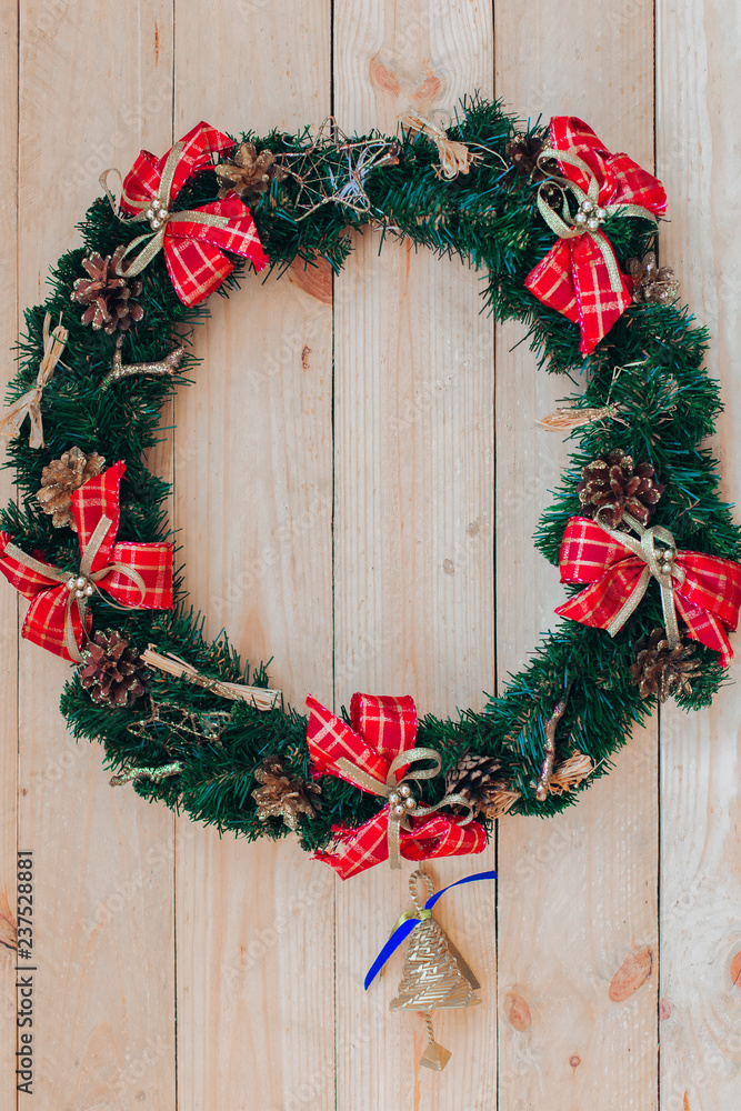 The Pine leaf with christmas ball decoration on wooden board with copy space , happy new year and chistmas festival background concept The Pine leaf with christmas ball decoration on wooden board with copy space , happy new year and chistmas festival background concept