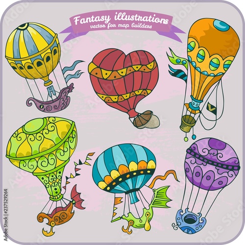 Fantasy illustration of Hot Air Balloon for map building in hand draw vector format, colorful photo