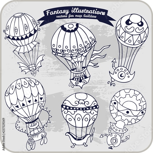 Fantasy illustration of Hot Air Balloon for map building in hand draw vector format, black and white, monochrome photo