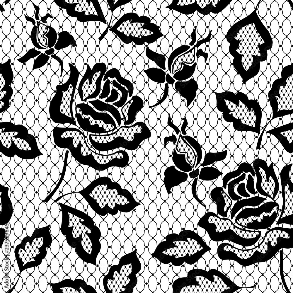 Black seamless lace pattern with rose on transparent background Stock  Vector