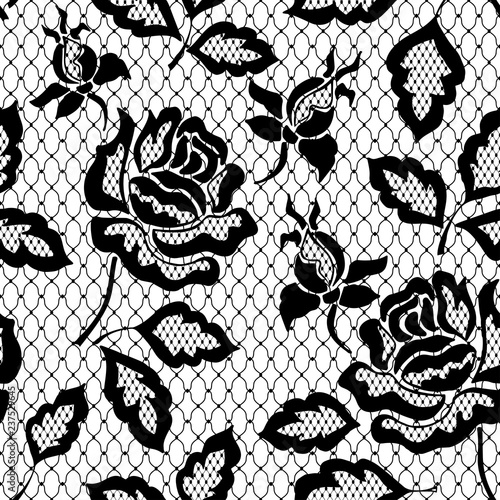 Black seamless lace pattern with rose on transparent background