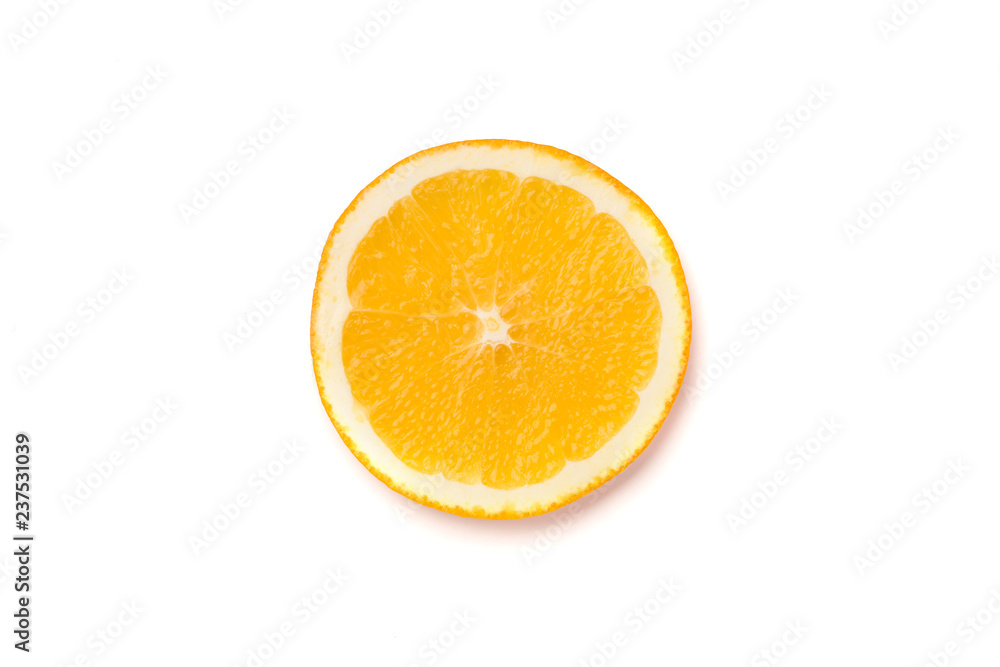 Single round sliced orange fruit, isolated on white background Single round sliced orange fruit, isolated on white background