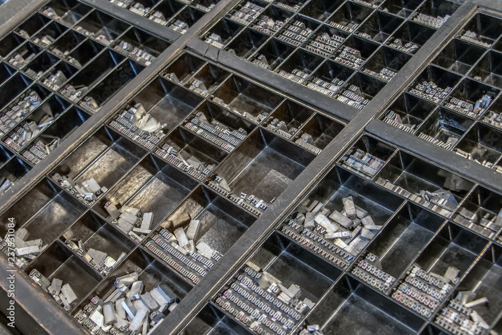 Eguipment of Typography workshop. A many old Metallic Letters for Printing.