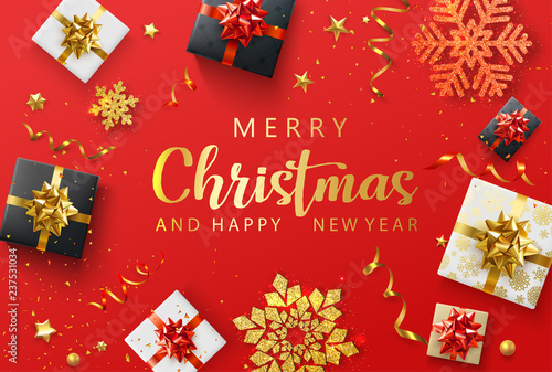 Red Merry Christmas and Happy New Year card with top view gifts, snowflakes and confetti.