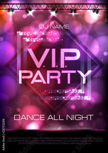 Neon sign. V.I.P. party. Disco poster