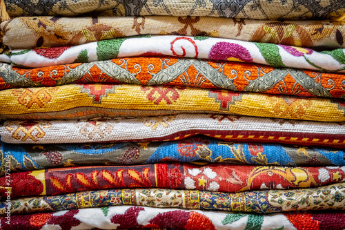 Various colorful cloth in stack in Grand Bazaar, Istanbul, Turkey