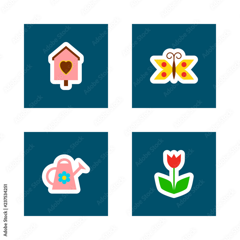 Cards with garden icons. Birdhouse, flower, butterfly, watering can in flat style. Vector illustration.